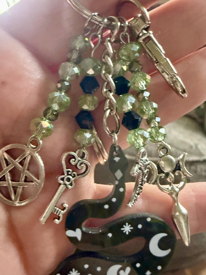 Snake Talisman Keychain Purse Charm with Iridescent Glass Beads, Pentacle, Key, Moon, and Goddess Charm.