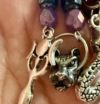 Hekate Talisman Key Chain Beaded Purse Charm with Goddess, Wolf, Snake and Key.