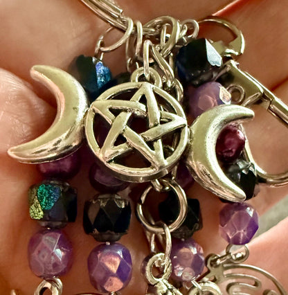 Hekate Talisman Key Chain Beaded Purse Charm with Goddess, Wolf, Snake and Key.
