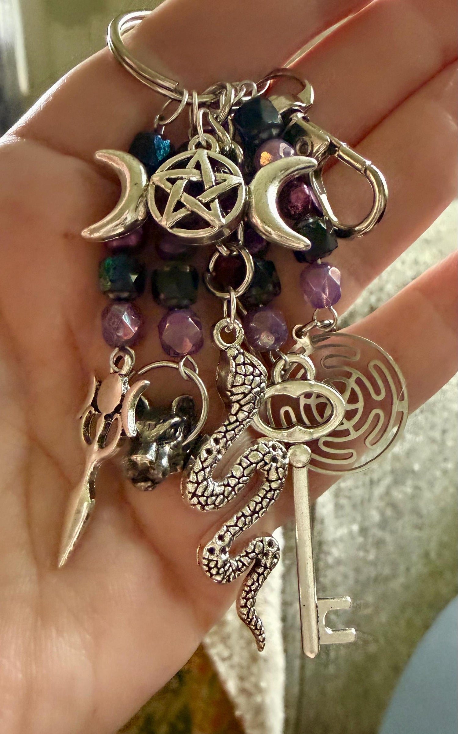 Hekate Talisman Key Chain Beaded Purse Charm with Goddess, Wolf, Snake and Key.