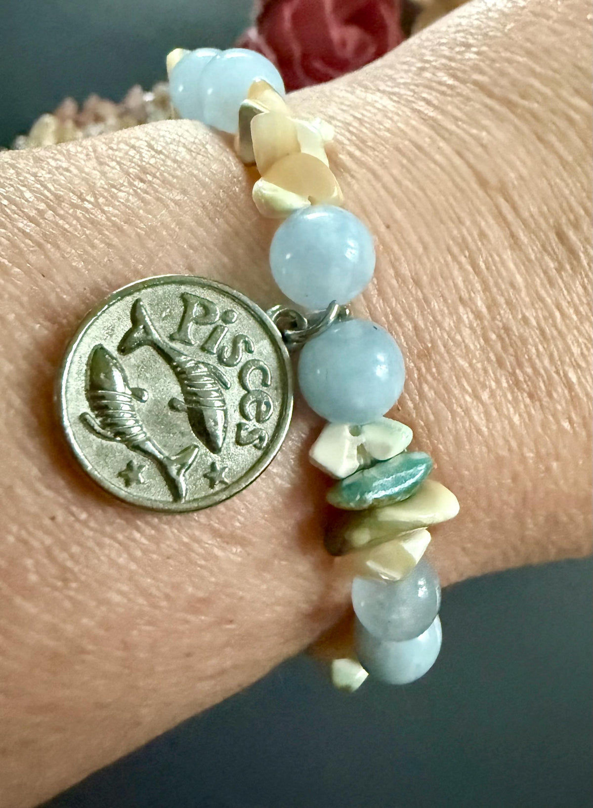 Pisces Zodiac Bracelet with Aquamarine and Shell Beads.