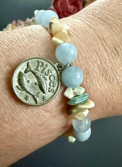 Pisces Zodiac Bracelet with Aquamarine and Shell Beads.
