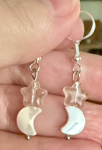 Crescent Moon Shell with Glass Star Dangle Earrings.