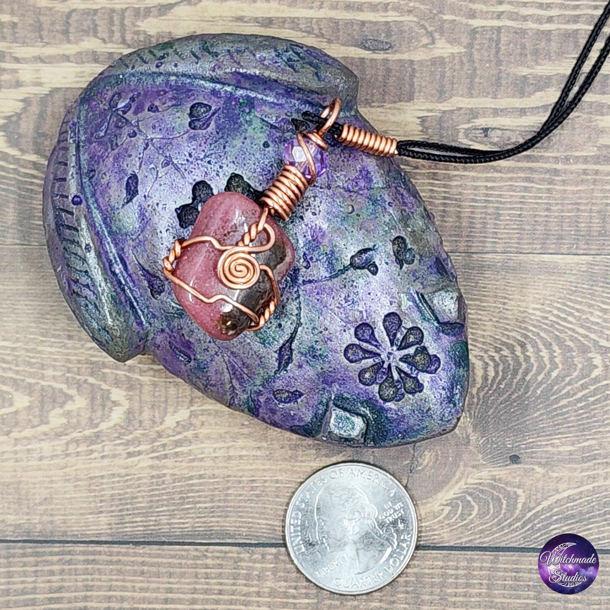 Rhodonite Wire Wrap Crystal Necklace, Copper Metaphysical Jewelry JN176