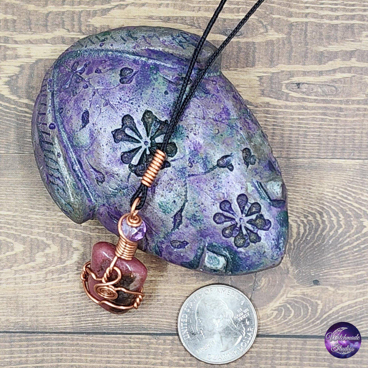 Rhodonite Wire Wrap Crystal Necklace, Copper Metaphysical Jewelry JN176