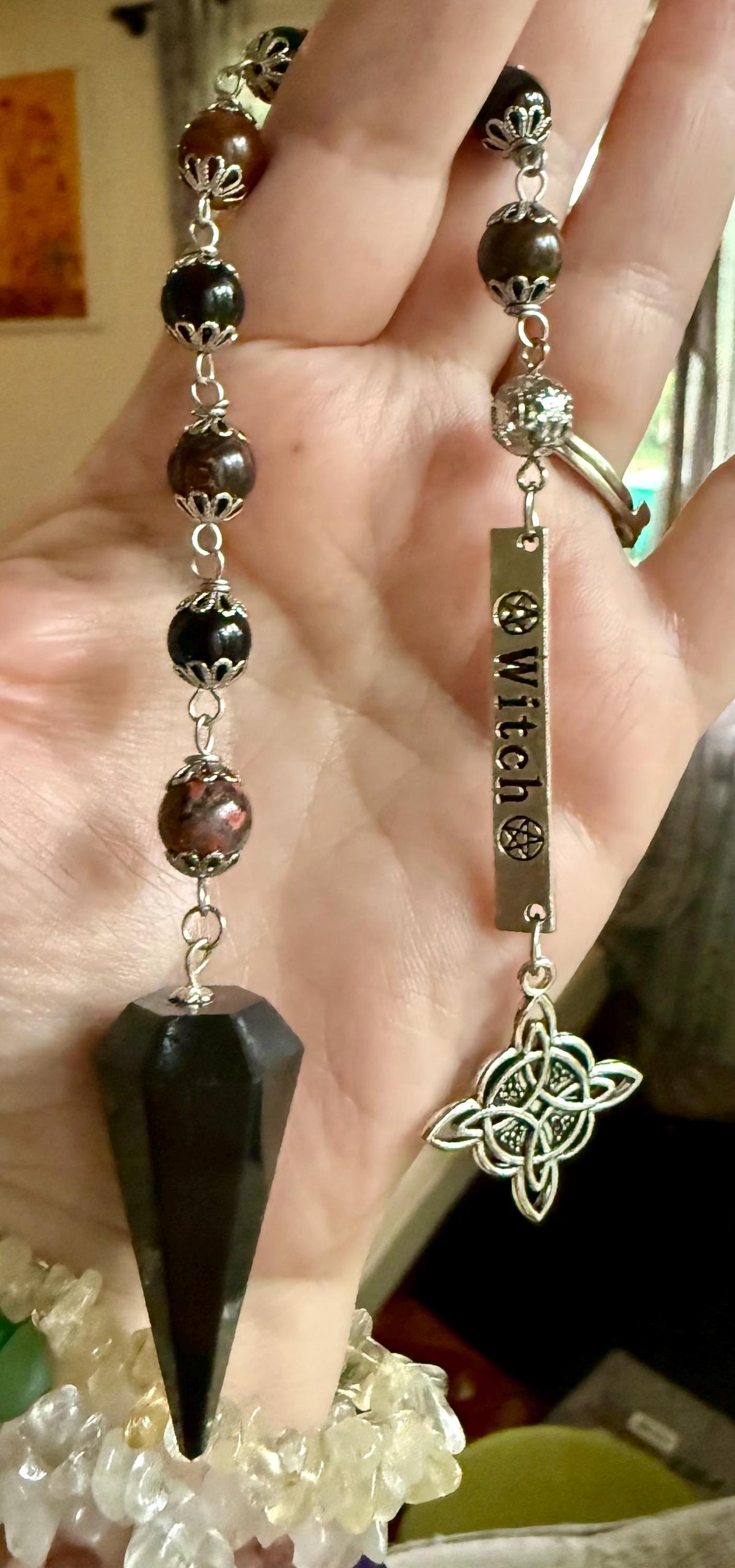 Samhain Pendulum with Tourmaline Point,  Red Brecciated Jasper, Obsidian, and Witch’s Knot Charm.