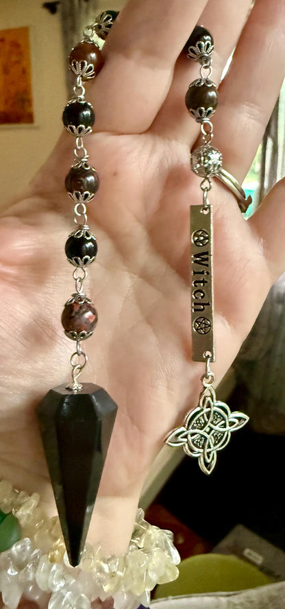 Samhain Pendulum with Tourmaline Point,  Red Brecciated Jasper, Obsidian, and Witch’s Knot Charm.