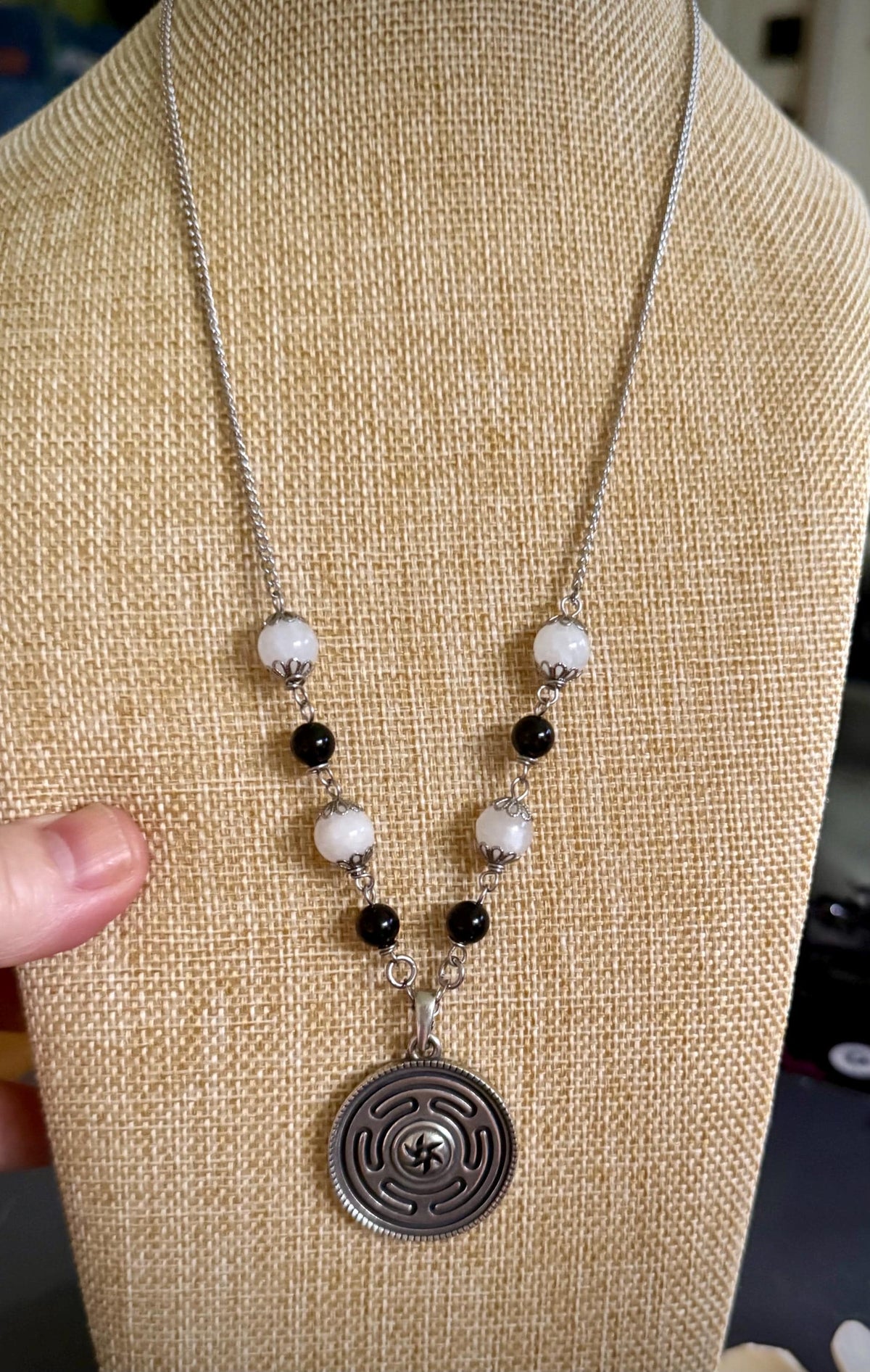 Hekate’s Wheel Strophalos Pendant Necklace with Obsidian and Moonstone Beads.