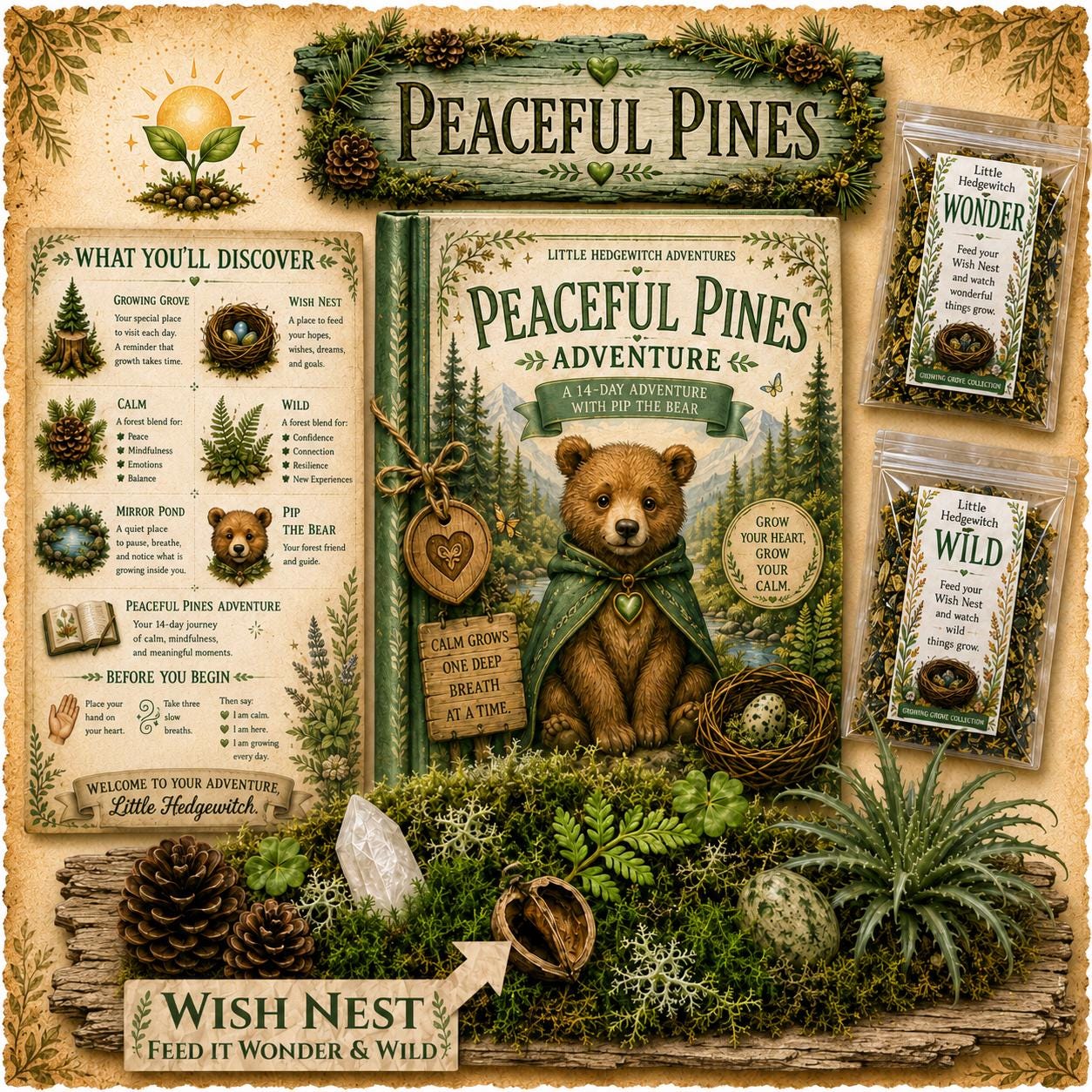 Peaceful Pines Adventure Kit | Mindfulness Calm Activity for Kids | Woodland Companion Gift | Growing Grove Collection | Kids Natural Gift