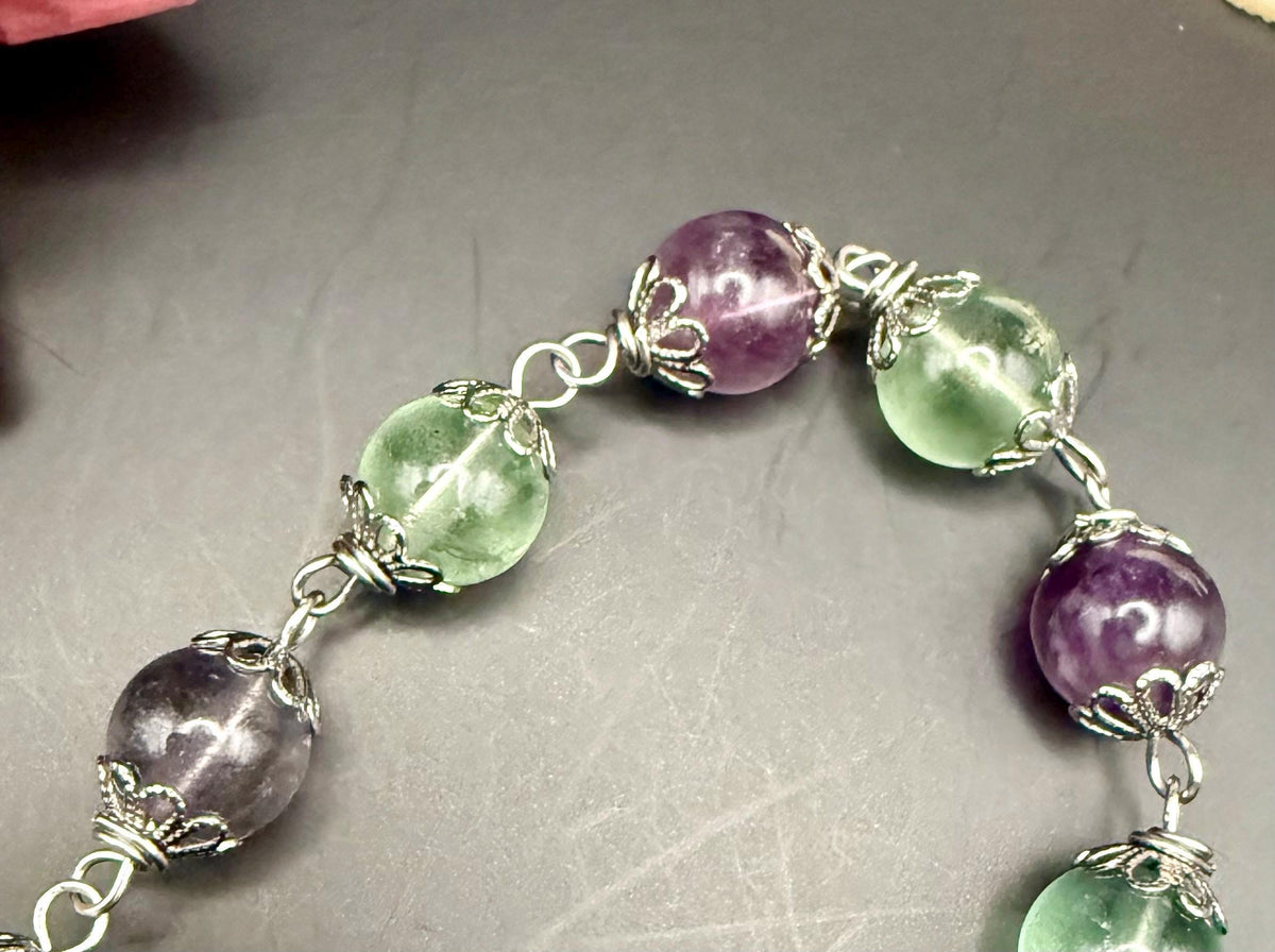 Rainbow Flourite Pagan or Witchcraft Prayer Beads with Goddess and Crescent Moon Charm.