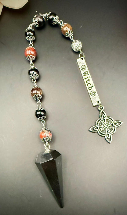 Samhain Pendulum with Tourmaline Point,  Red Brecciated Jasper, Obsidian, and Witch’s Knot Charm.