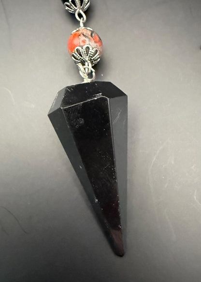 Samhain Pendulum with Tourmaline Point,  Red Brecciated Jasper, Obsidian, and Witch’s Knot Charm.