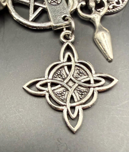 Witch Engraved Key Chain Bag Charm with Iridescent Glass Beads and Witchy Charms.
