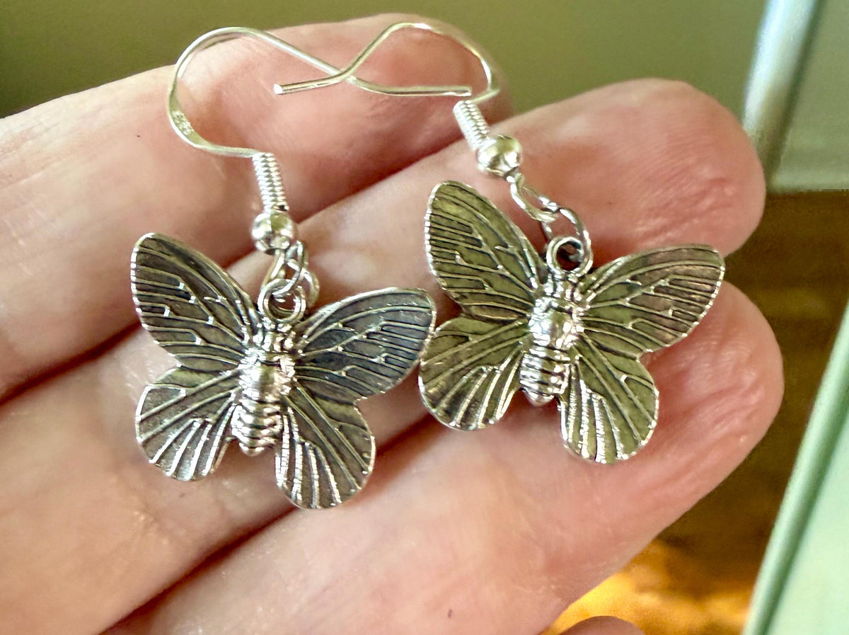 Silver Butterfly Earrings with Sterling Silver Hooks.