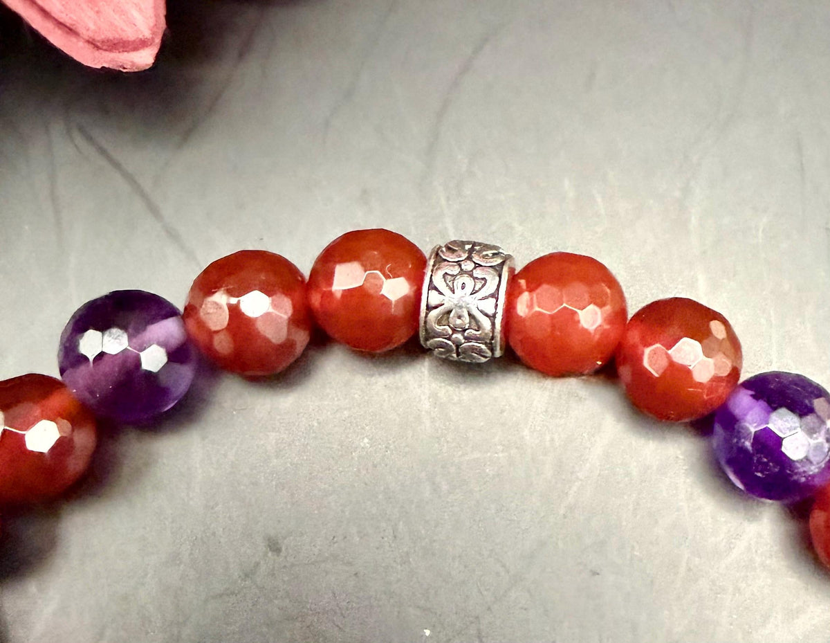 Virgo Zodiac Charm Bracelet with Carnelian and Amethyst Beads.