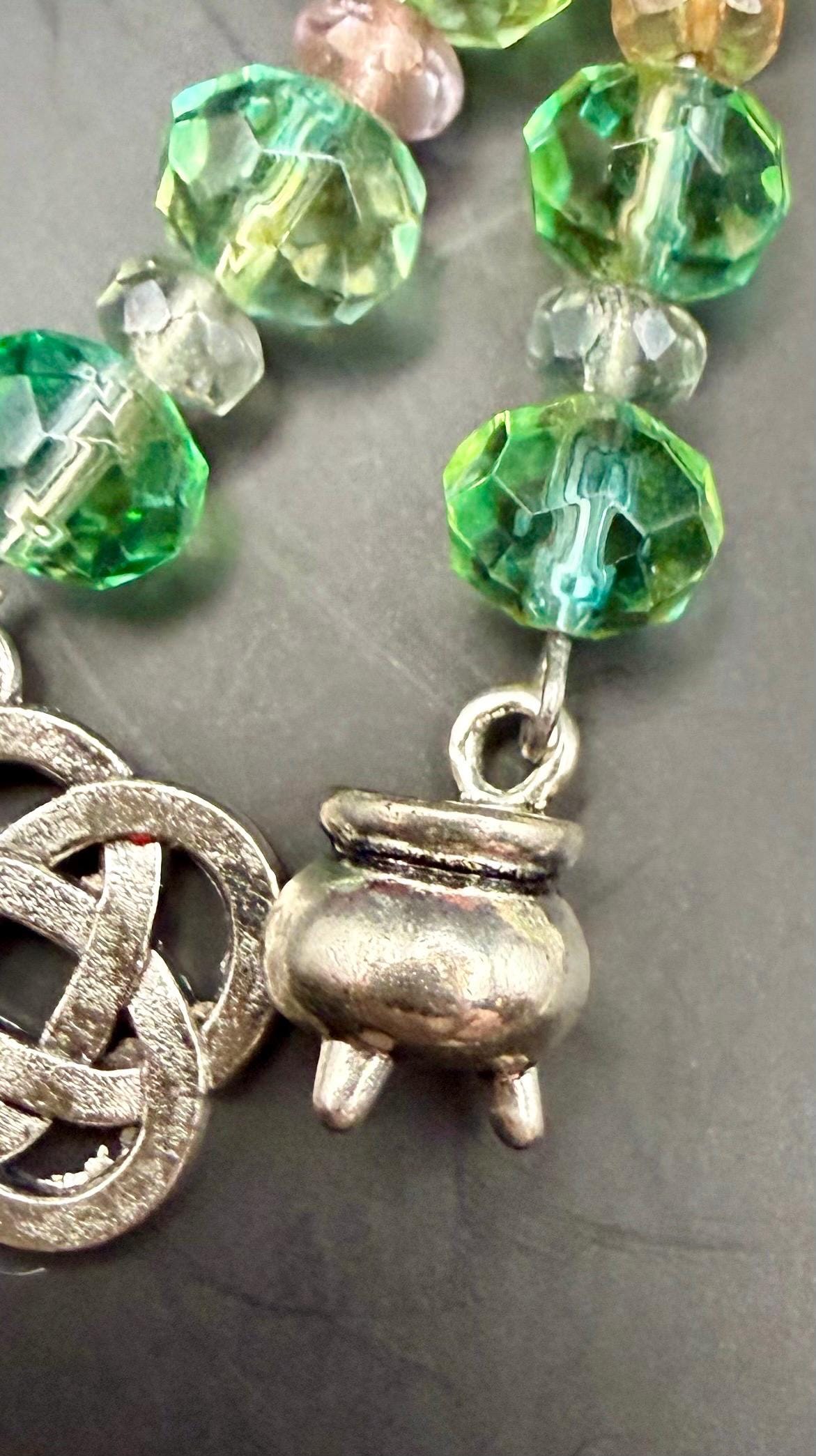Witch Engraved Key Chain Bag Charm with Iridescent Glass Beads and Witchy Charms.