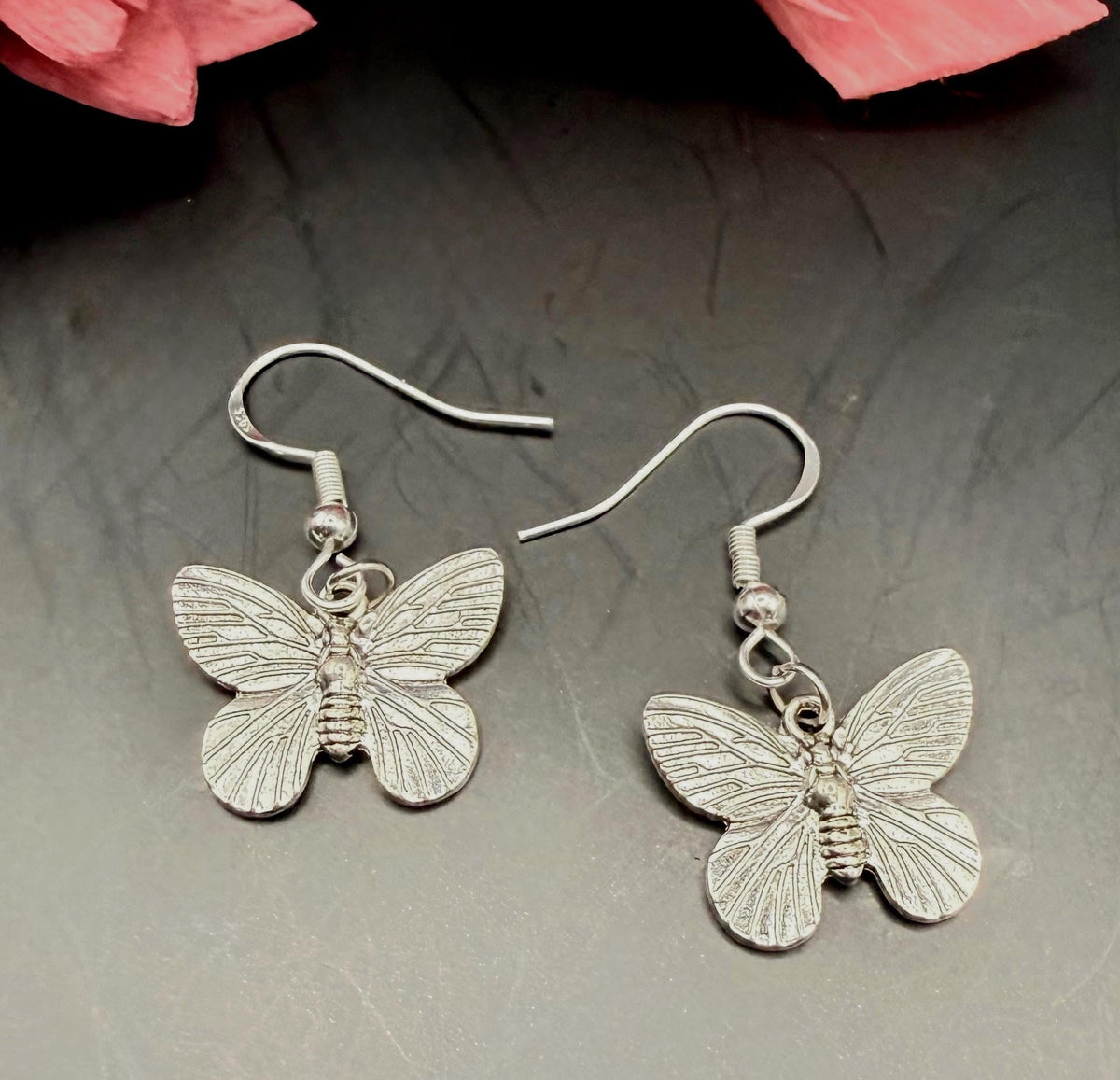 Silver Butterfly Earrings with Sterling Silver Hooks.