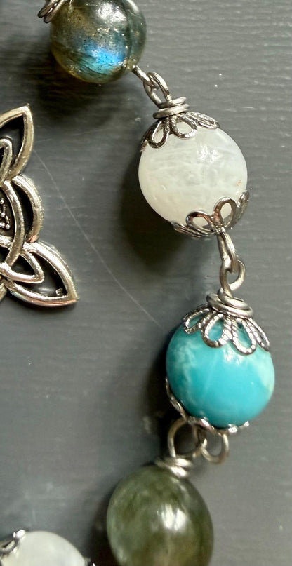 Witch’s Knot Witchcraft Devotional Prayer Meditation Beads:  Blue Quartz, Labradorite, and Moonstone Beads.