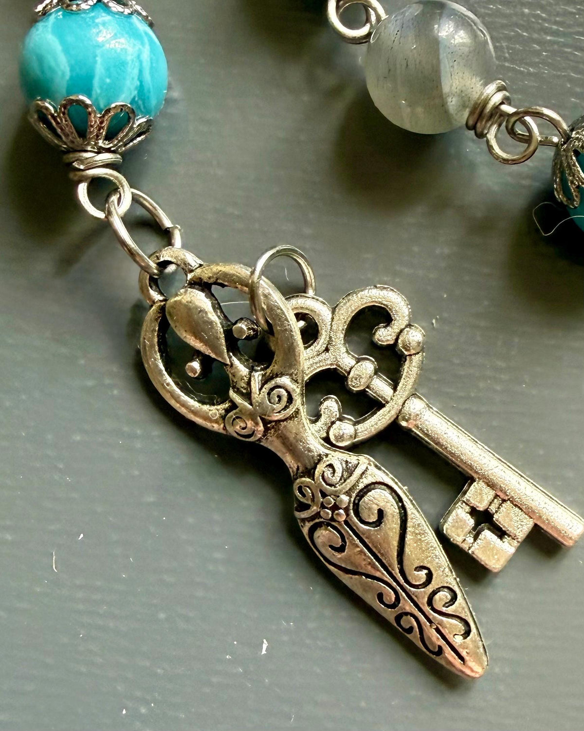 Witch’s Knot Witchcraft Devotional Prayer Meditation Beads:  Blue Quartz, Labradorite, and Moonstone Beads.