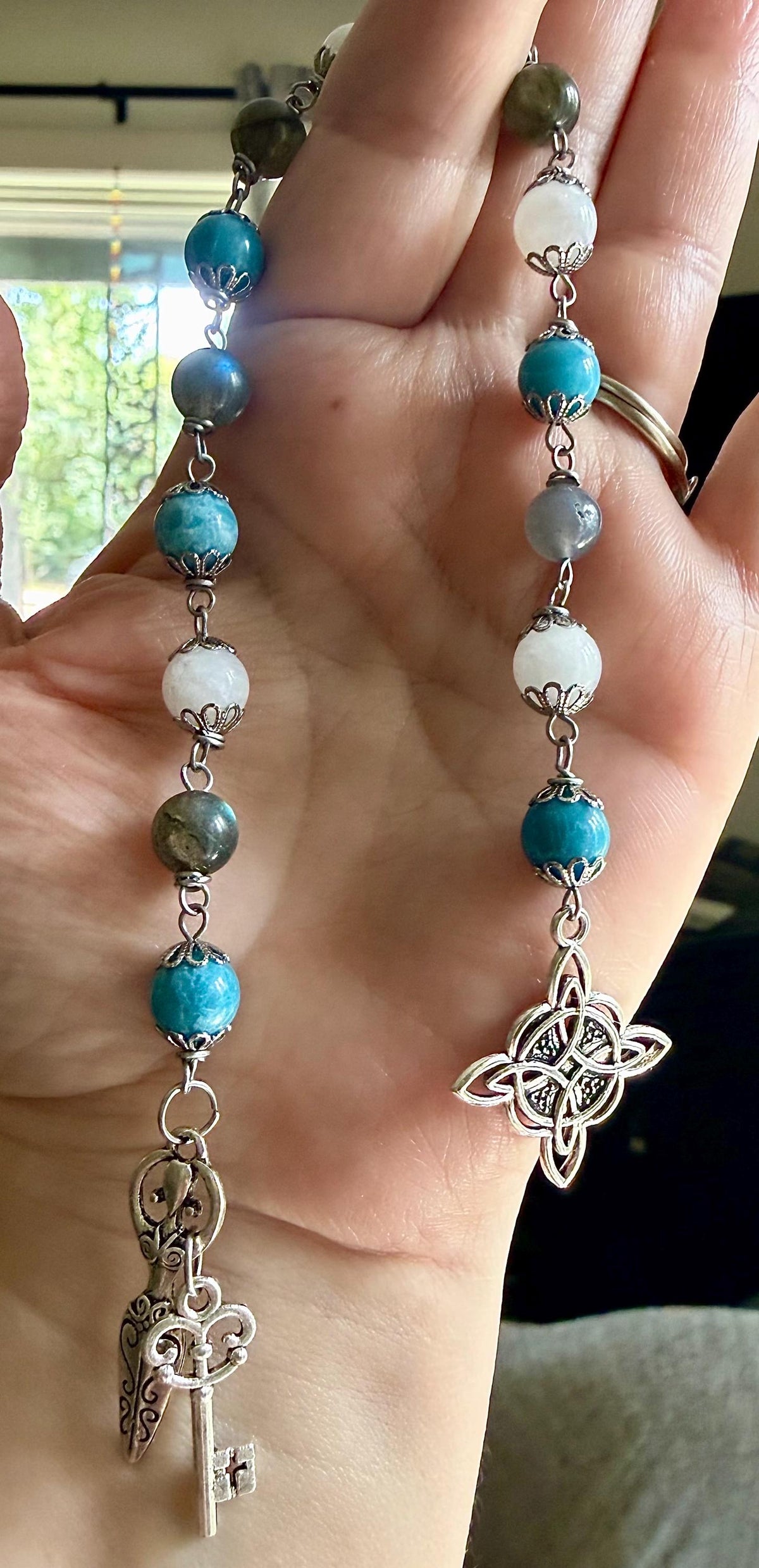 Witch’s Knot Witchcraft Devotional Prayer Meditation Beads:  Blue Quartz, Labradorite, and Moonstone Beads.