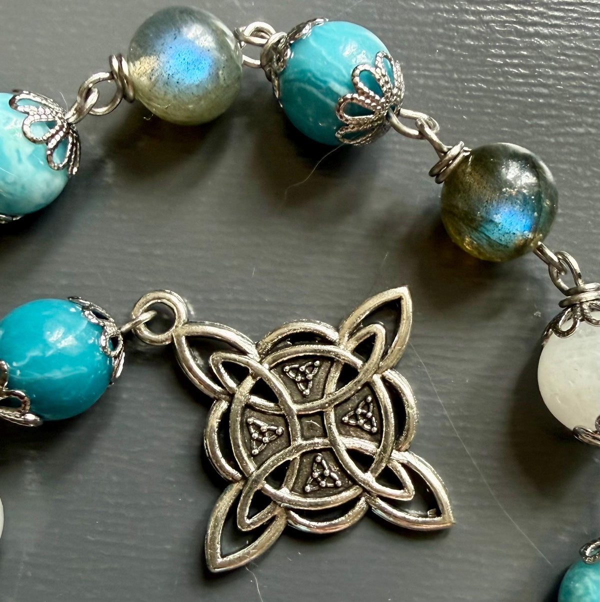 Witch’s Knot Witchcraft Devotional Prayer Meditation Beads:  Blue Quartz, Labradorite, and Moonstone Beads.