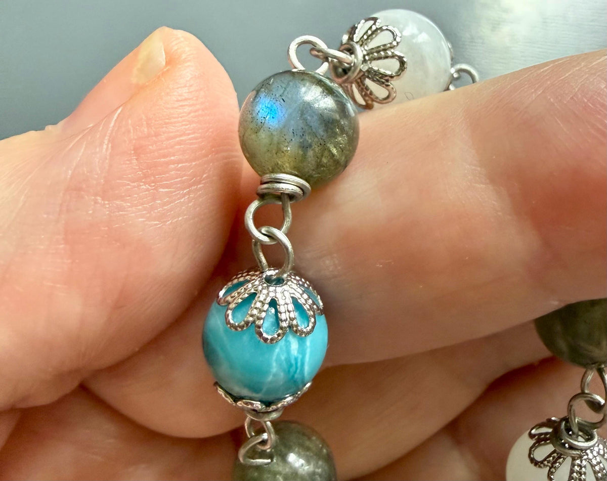 Witch’s Knot Witchcraft Devotional Prayer Meditation Beads:  Blue Quartz, Labradorite, and Moonstone Beads.