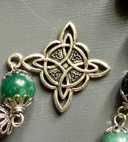 Witches Knot Moss Agate &amp; Obsidian Devotional Prayer Beads with Goddess and Celtic Knot Charm.