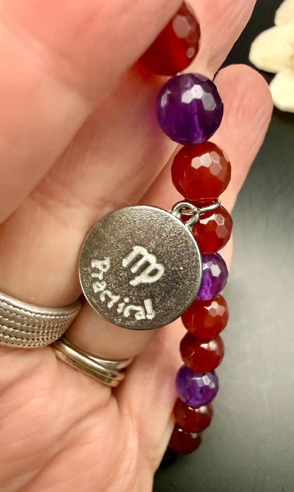 Virgo Zodiac Charm Bracelet with Carnelian and Amethyst Beads.