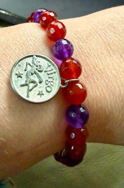 Virgo Zodiac Charm Bracelet with Carnelian and Amethyst Beads.