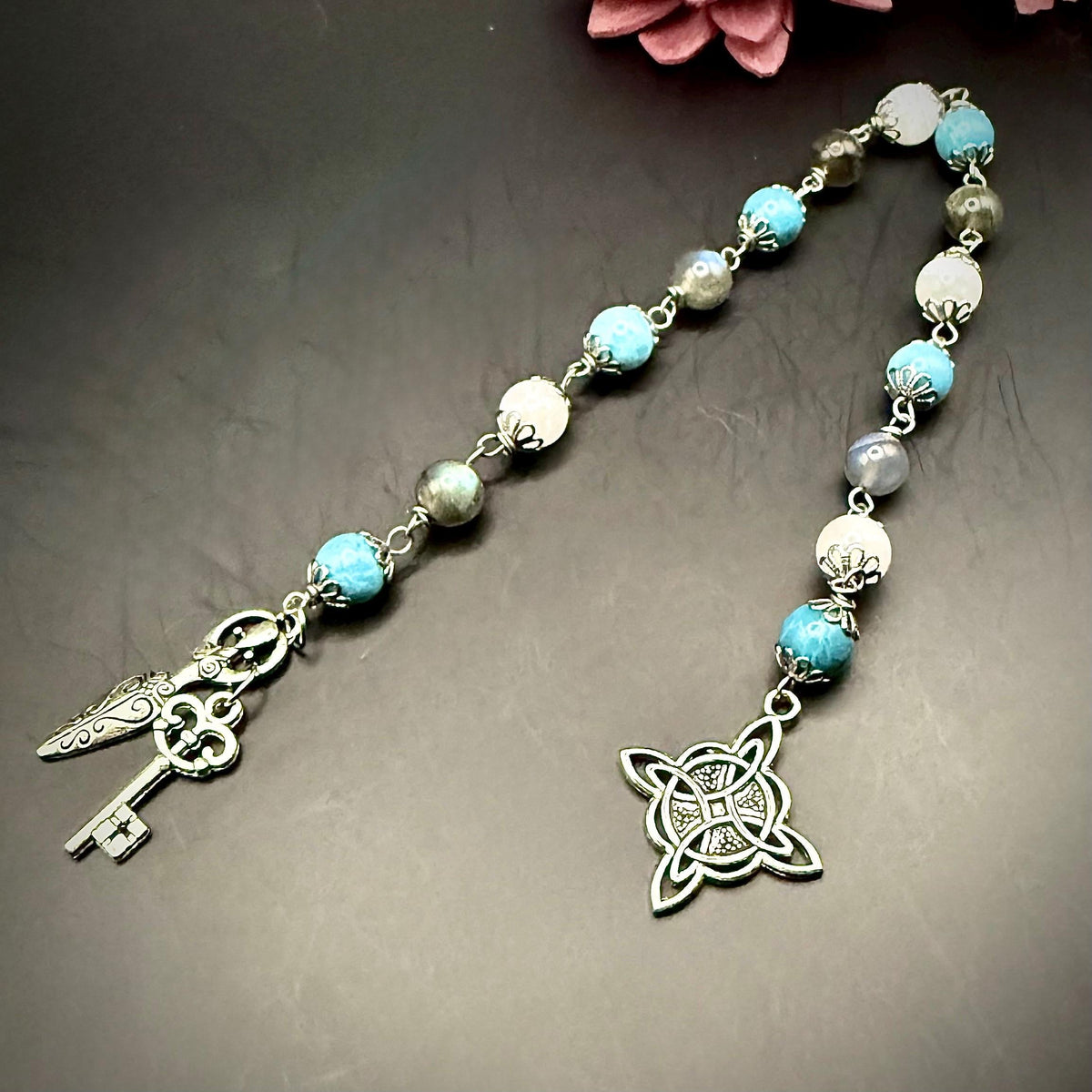 Witch’s Knot Witchcraft Devotional Prayer Meditation Beads:  Blue Quartz, Labradorite, and Moonstone Beads.