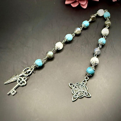 Witch’s Knot Witchcraft Devotional Prayer Meditation Beads:  Blue Quartz, Labradorite, and Moonstone Beads.