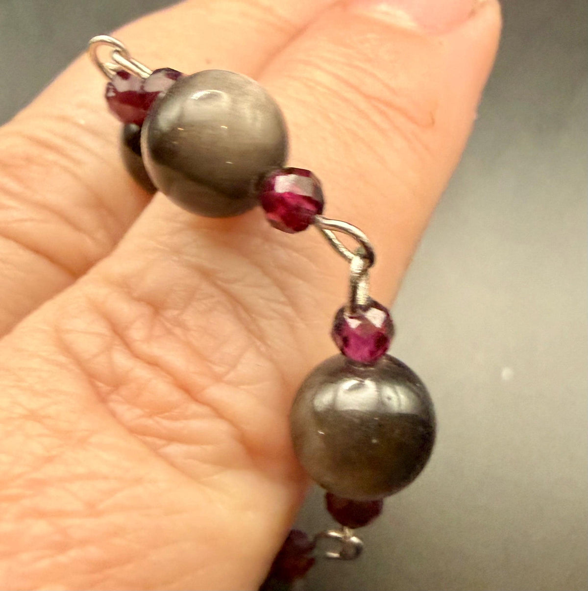 Handmade Garnet Point Pendulum with Obsidian and Garnet Beads.