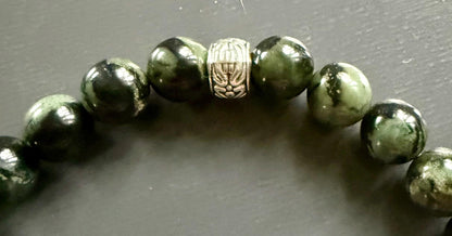 Kambaba Jasper Gemstone Stretch Bracelet with Celtic Knot Charm.
