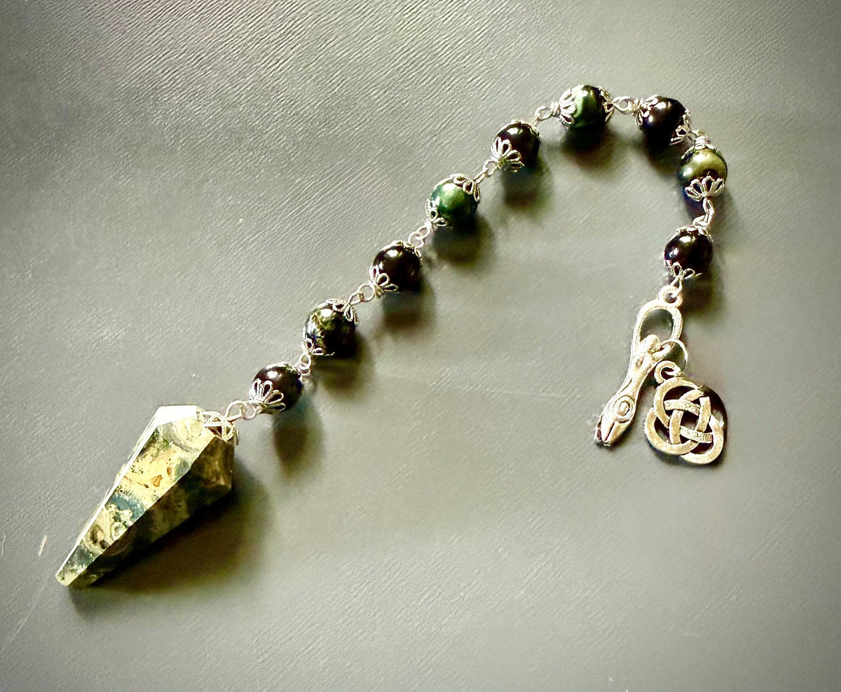 Handmade Kambaba Jasper Point Pendulum with Obsidian Beads.