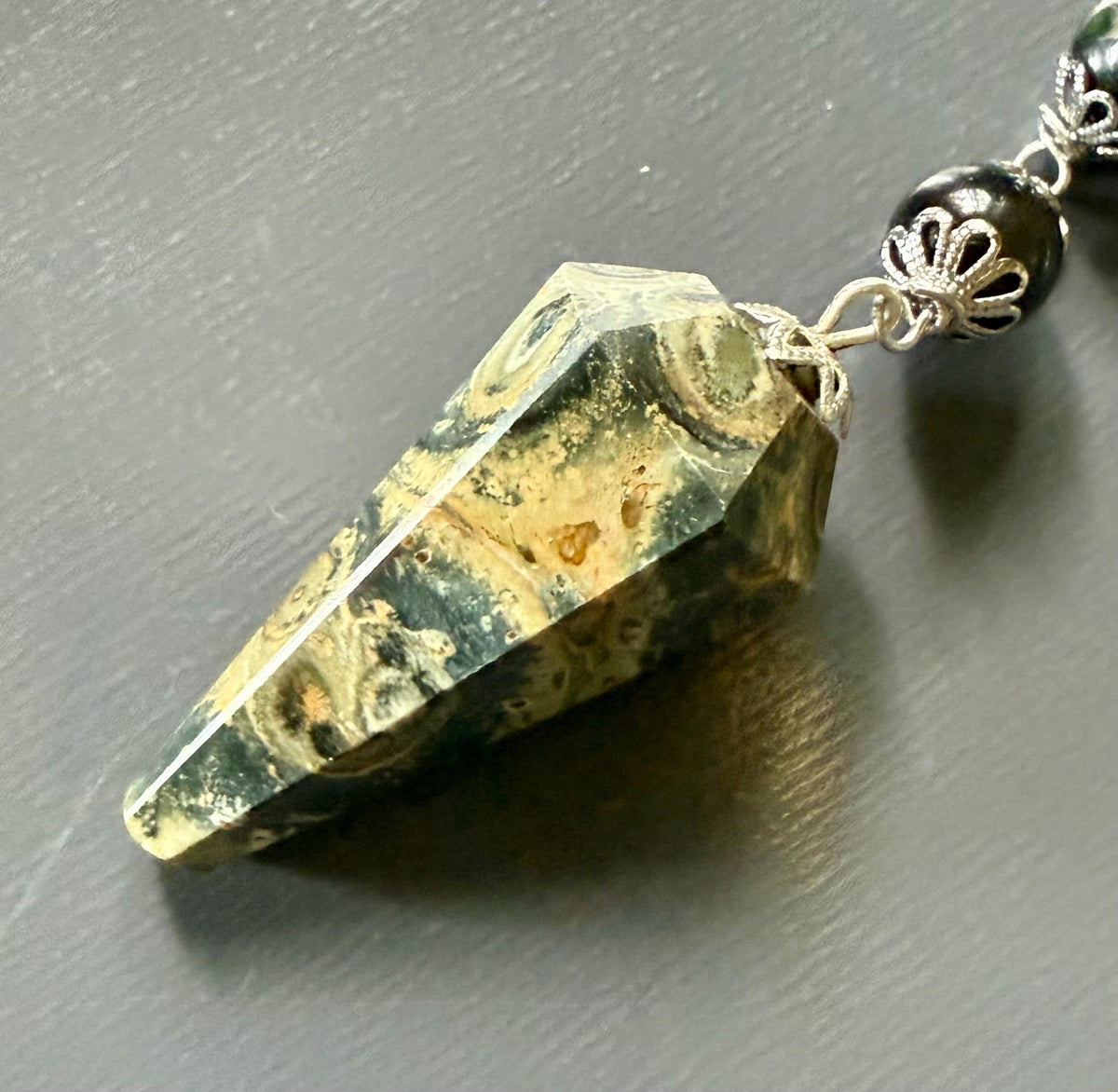 Handmade Kambaba Jasper Point Pendulum with Obsidian Beads.