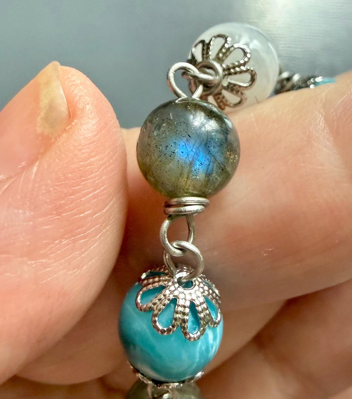 Witch’s Knot Witchcraft Devotional Prayer Meditation Beads:  Blue Quartz, Labradorite, and Moonstone Beads.