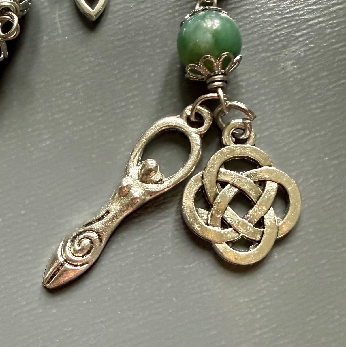 Witches Knot Moss Agate &amp; Obsidian Devotional Prayer Beads with Goddess and Celtic Knot Charm.