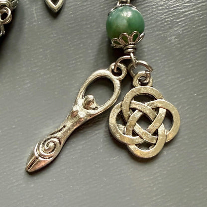 Witches Knot Moss Agate &amp; Obsidian Devotional Prayer Beads with Goddess and Celtic Knot Charm.