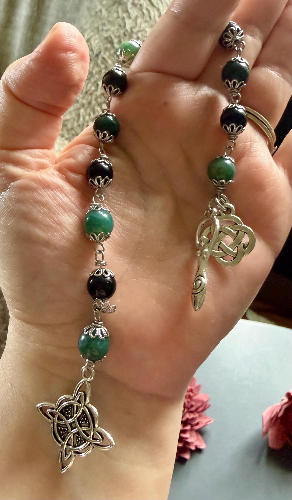 Witches Knot Moss Agate &amp; Obsidian Devotional Prayer Beads with Goddess and Celtic Knot Charm.