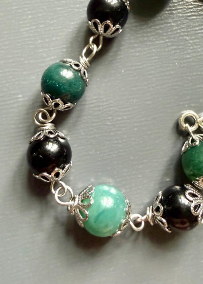 Witches Knot Moss Agate &amp; Obsidian Devotional Prayer Beads with Goddess and Celtic Knot Charm.