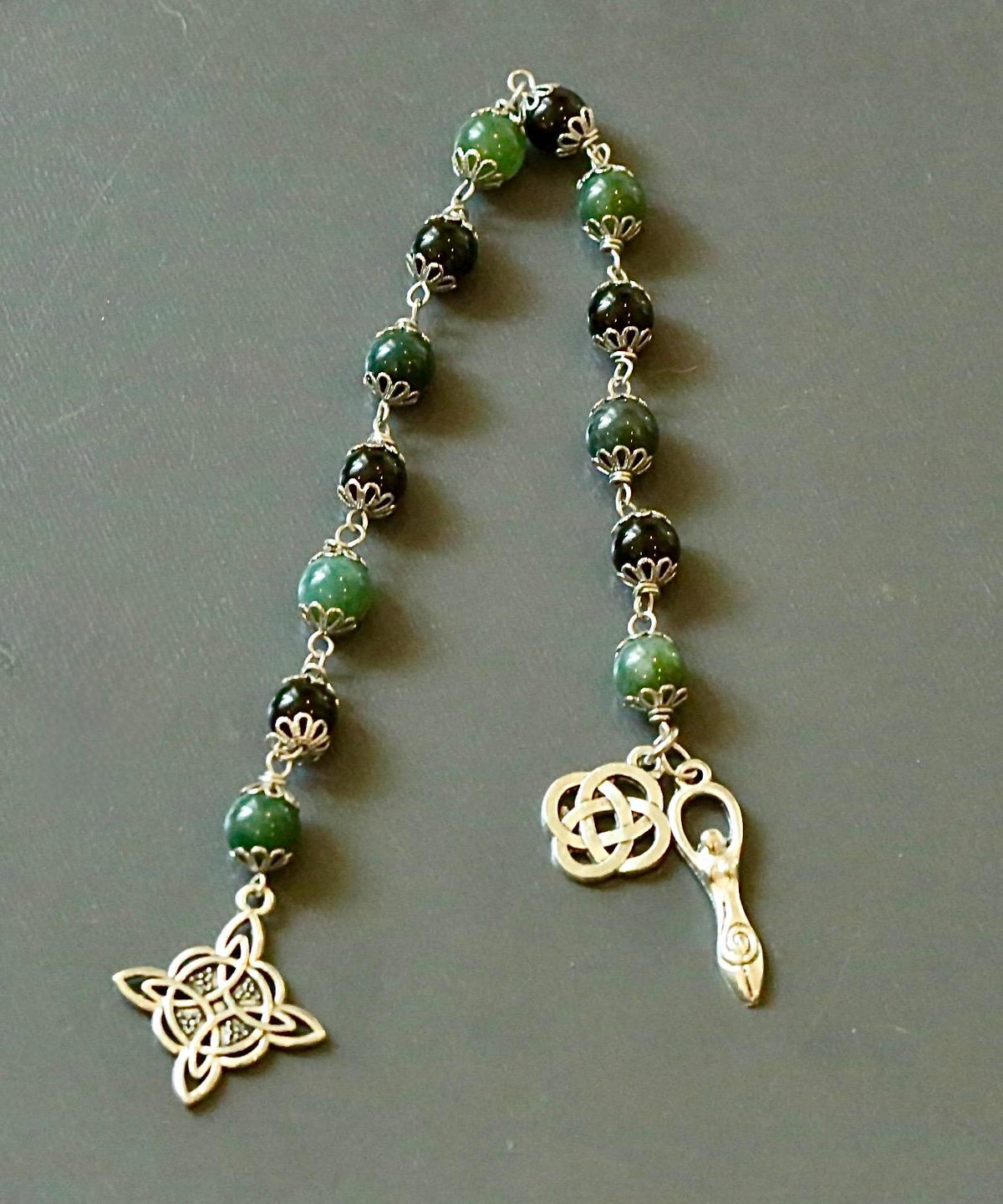 Witches Knot Moss Agate &amp; Obsidian Devotional Prayer Beads with Goddess and Celtic Knot Charm.