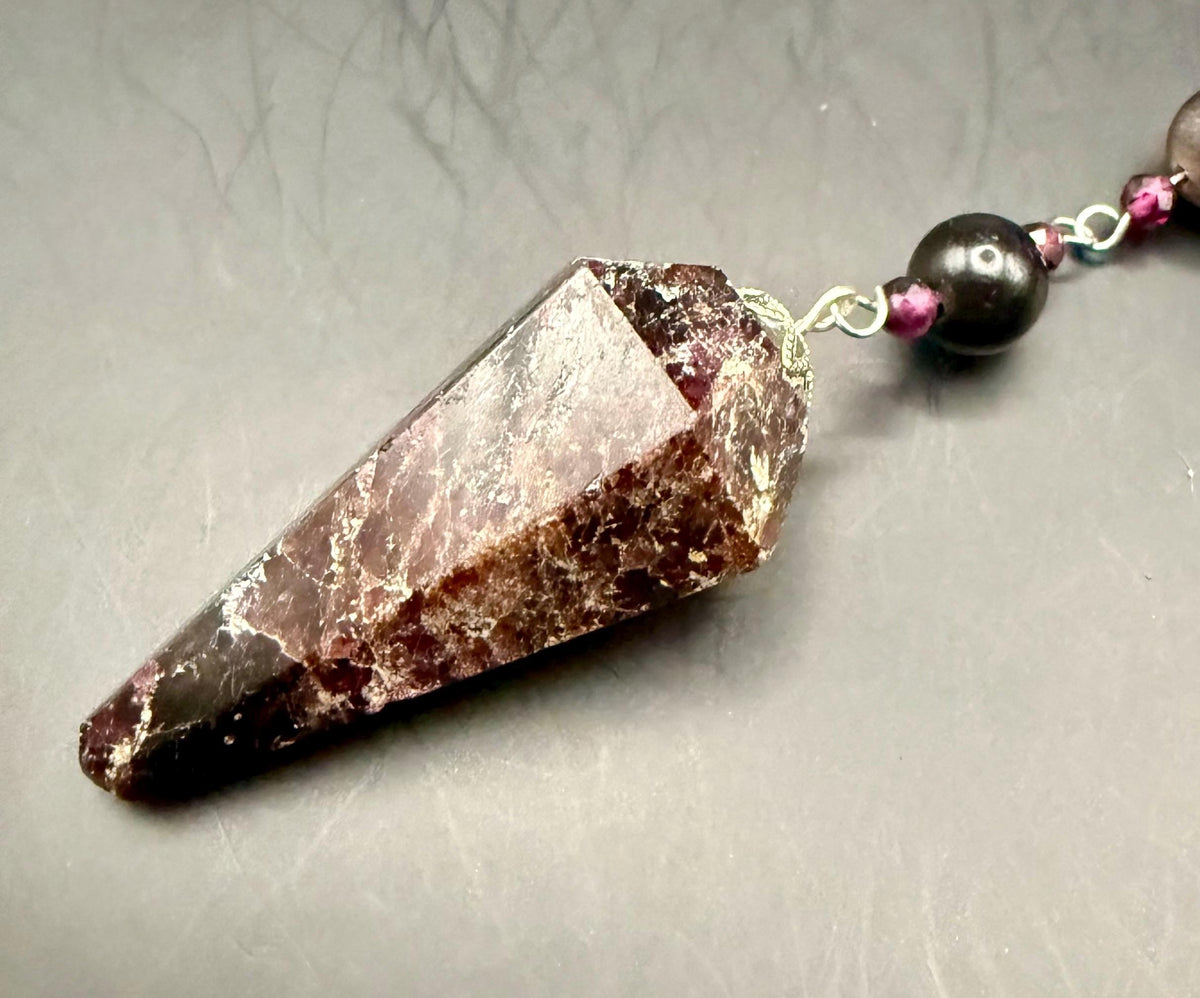 Handmade Garnet Point Pendulum with Obsidian and Garnet Beads.