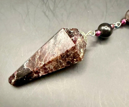 Handmade Garnet Point Pendulum with Obsidian and Garnet Beads.