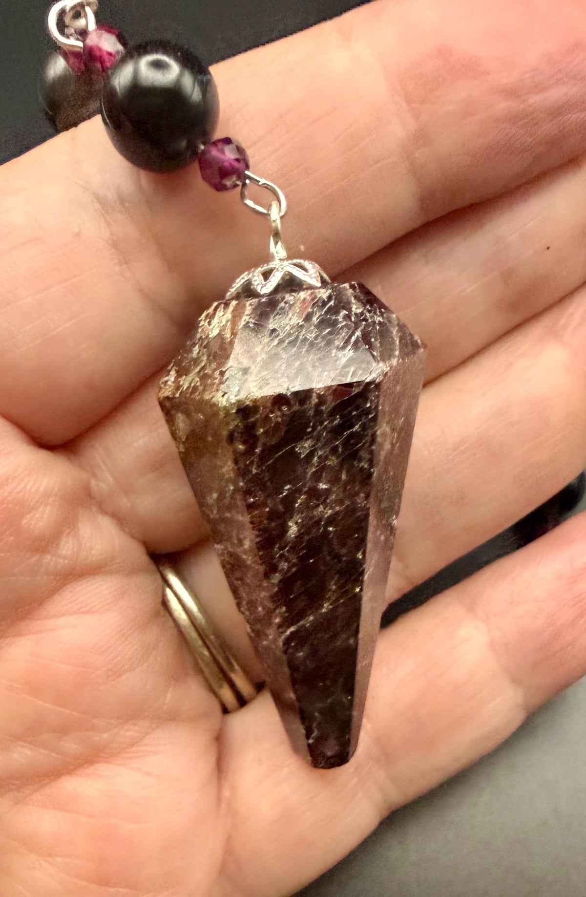Handmade Garnet Point Pendulum with Obsidian and Garnet Beads.