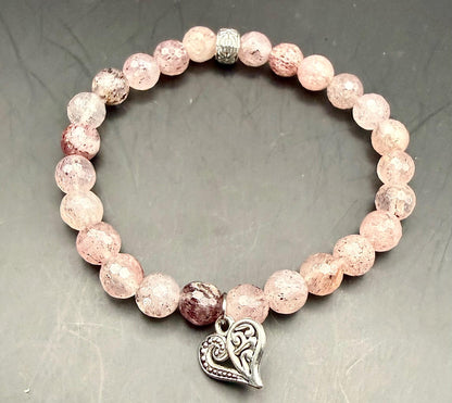 Strawberry Quartz Gemstone Stretch Bracelet with Heart Charm.