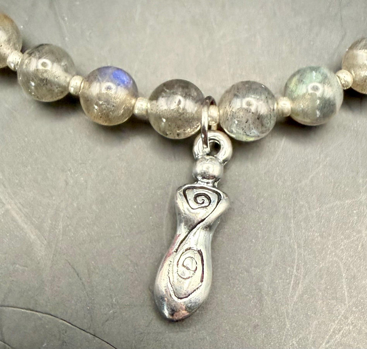 Labradorite Stretch Bracelet with Spiral Goddess Charm.