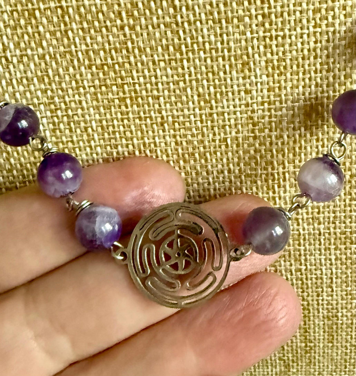 Hekate’s Wheel Strophalos Necklace with Amethyst Beads.