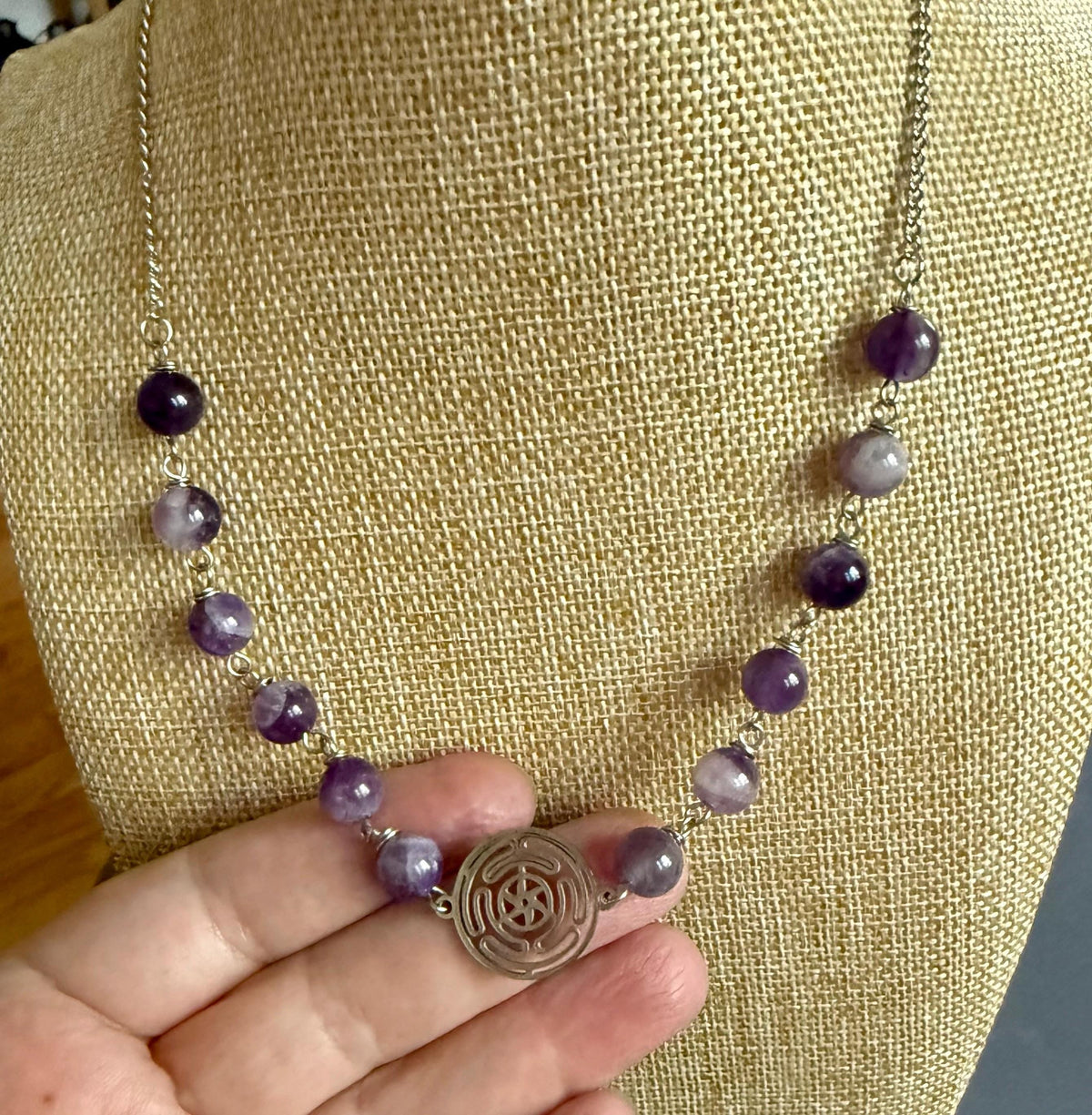 Hekate’s Wheel Strophalos Necklace with Amethyst Beads.