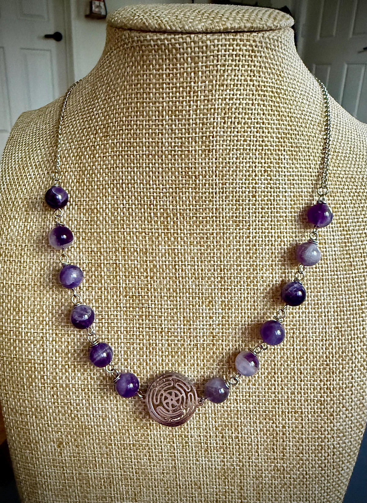 Hekate’s Wheel Strophalos Necklace with Amethyst Beads.