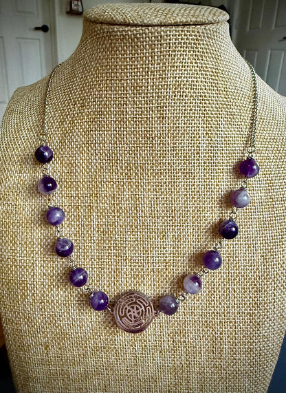 Hekate’s Wheel Strophalos Necklace with Amethyst Beads.